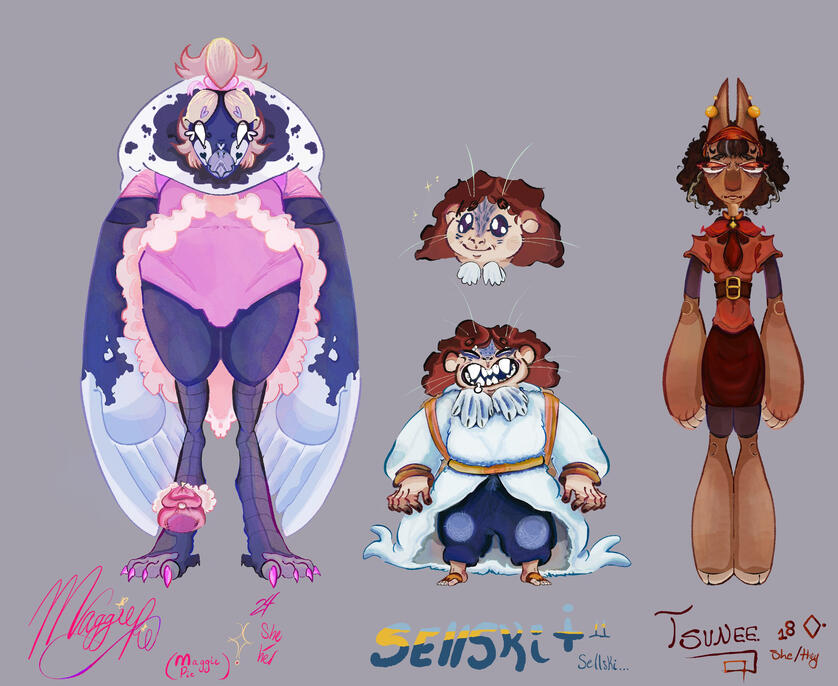 ‘Character Ref Sheet: Maggie Pie, Sellski, &amp; Tsunee’ Personal Project, 2024. Digital Art